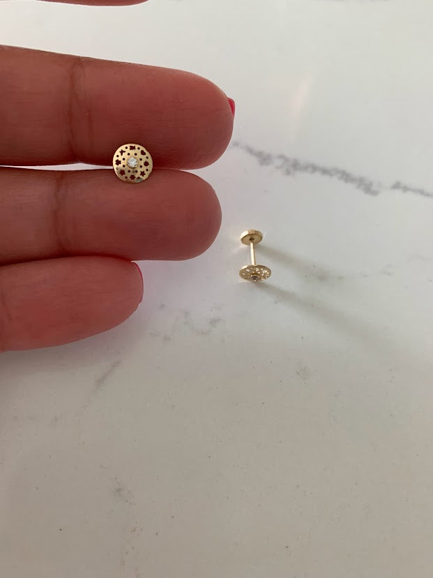 6MM Round Carved Designs Disc, Screw Back Studs, 14K Gold Dainty, Circle with CZ Stud Earrings, Circle Studs, Round Heart, Star Flower Disc