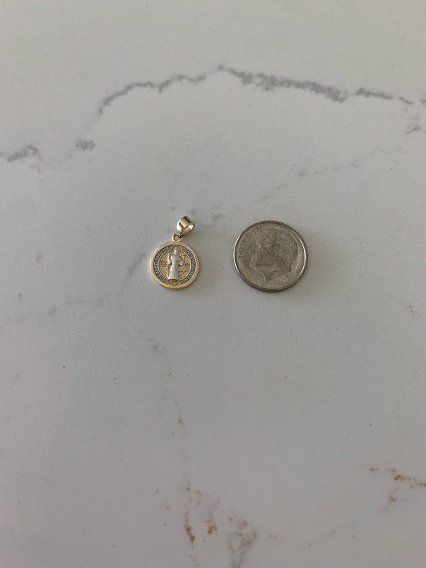12MM 14K Solid Gold Saint Benedict | Yellow and White Gold Religious Charm | Saint Benedict Pendant | 14K Solid Gold Pendant | Two Tone Pendant
