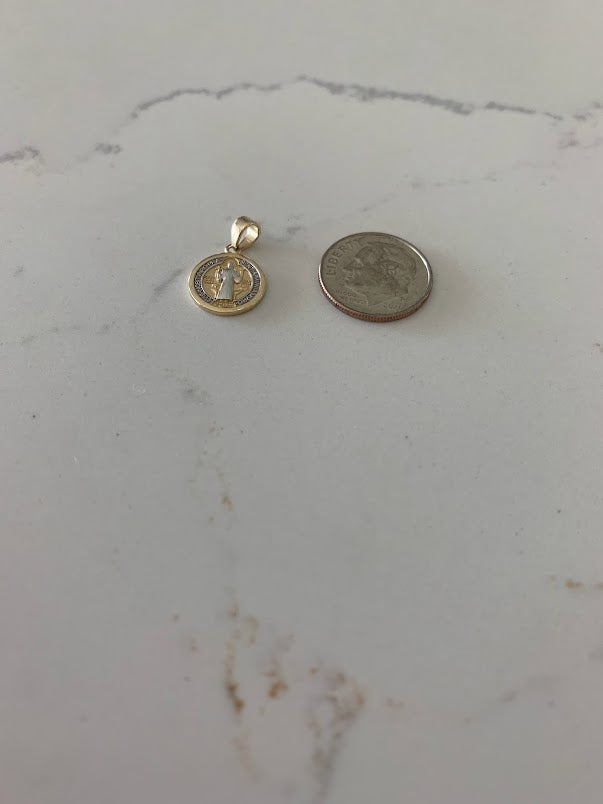 12MM 14K Solid Gold Saint Benedict | Yellow and White Gold Religious Charm | Saint Benedict Pendant | 14K Solid Gold Pendant | Two Tone Pendant