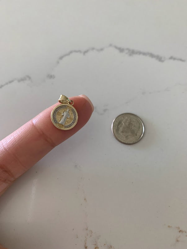 12MM 14K Solid Gold Saint Benedict | Yellow and White Gold Religious Charm | Saint Benedict Pendant | 14K Solid Gold Pendant | Two Tone Pendant