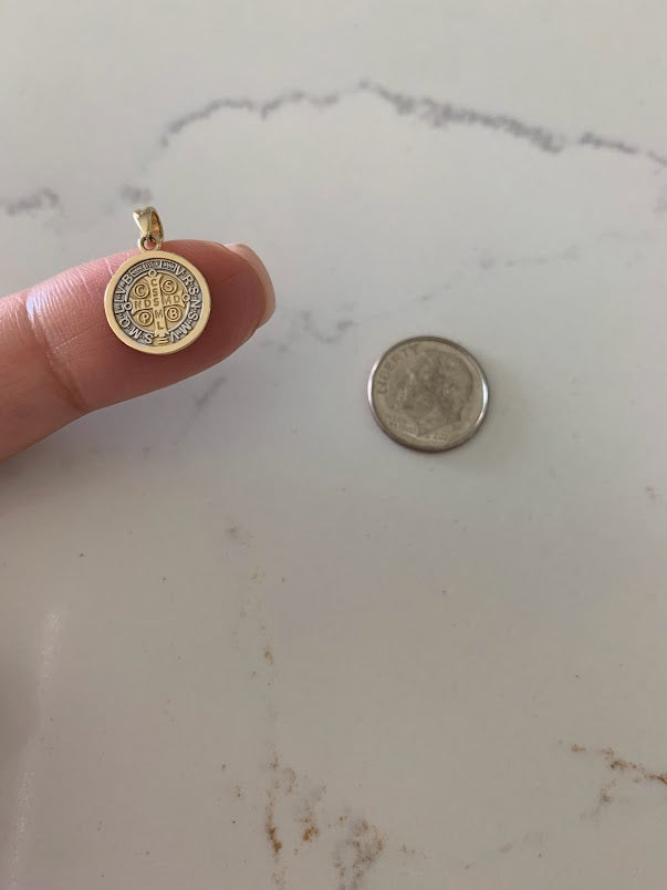 12MM 14K Solid Gold Saint Benedict | Yellow and White Gold Religious Charm | Saint Benedict Pendant | 14K Solid Gold Pendant | Two Tone Pendant