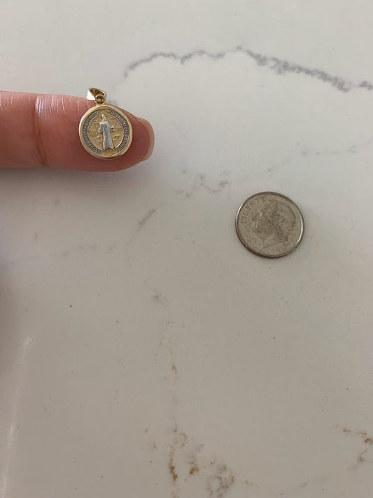 12MM 14K Solid Gold Saint Benedict | Yellow and White Gold Religious Charm | Saint Benedict Pendant | 14K Solid Gold Pendant | Two Tone Pendant