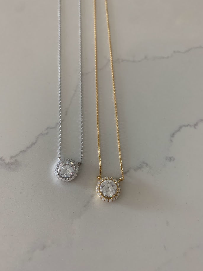 12MM Solitaire Cubic Zirconia Necklace, Stacking, Delicate CZ Necklace, Gold CZ Solitaire, Everyday Necklace, Layering