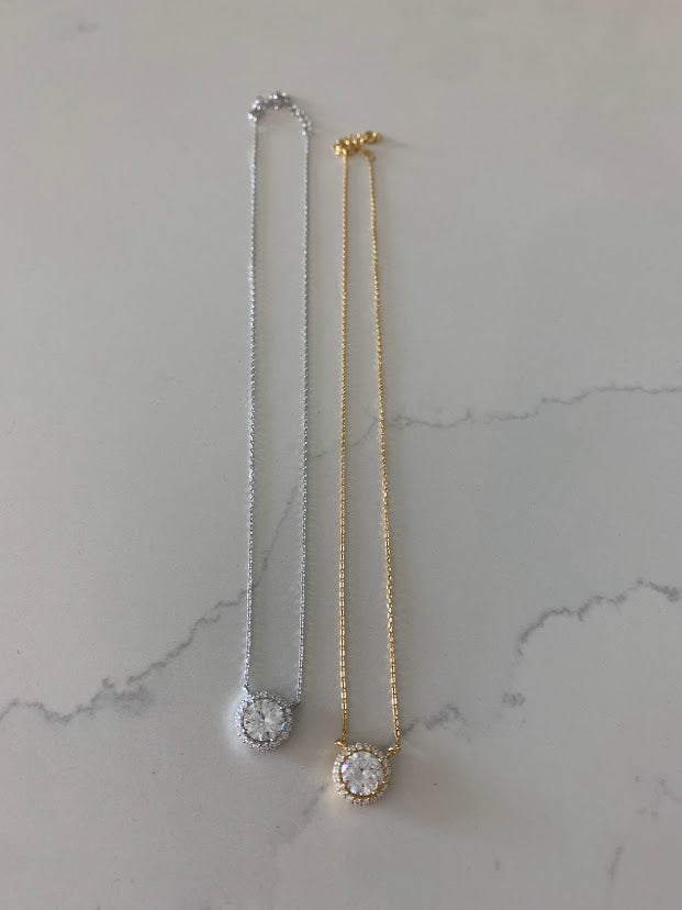 12MM Solitaire Cubic Zirconia Necklace, Stacking, Delicate CZ Necklace, Gold CZ Solitaire, Everyday Necklace, Layering