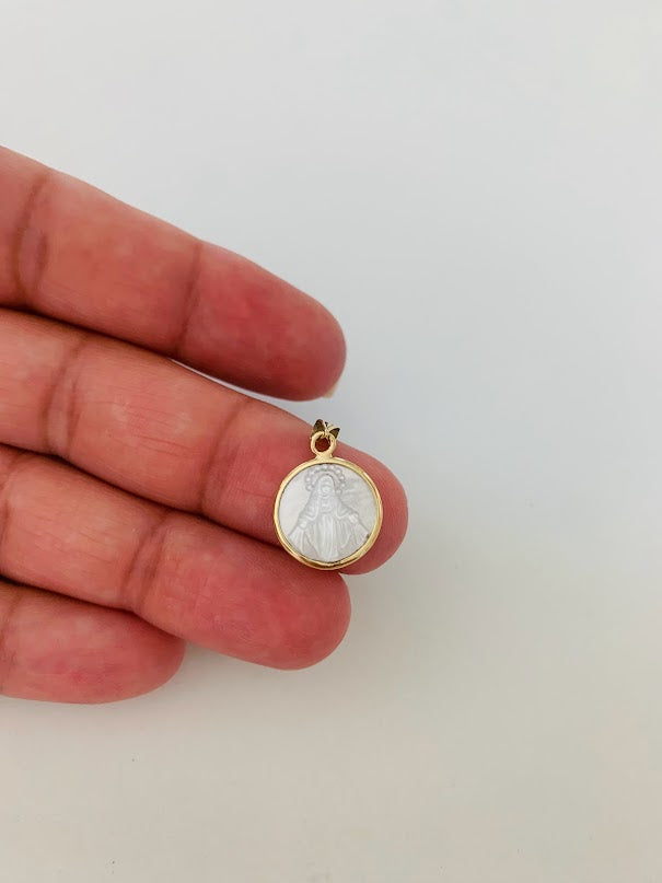 13MM 14K Round Gold Virgin of Miracles with Mother Pearl | Yellow Gold Pendant | Catholic Pendant | 14K Gold Pendant