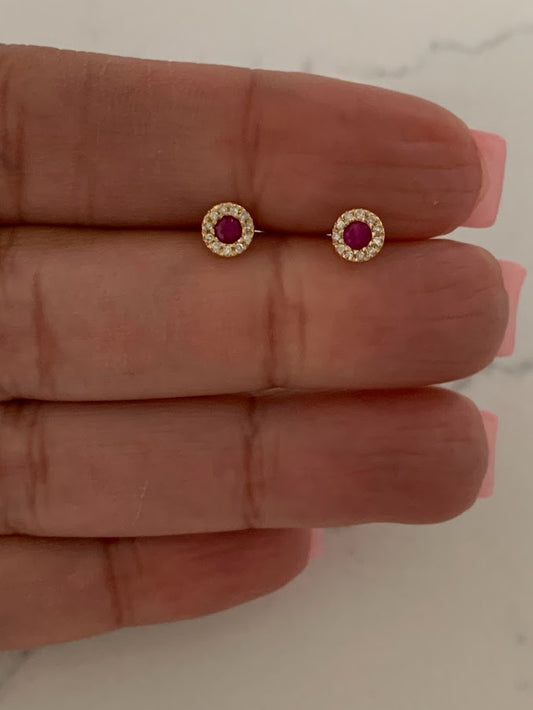 14K Gold Ruby with Diamonds Studs, Halo Earring, Yellow/White Gold Halo Round Prong Ruby Earrings,