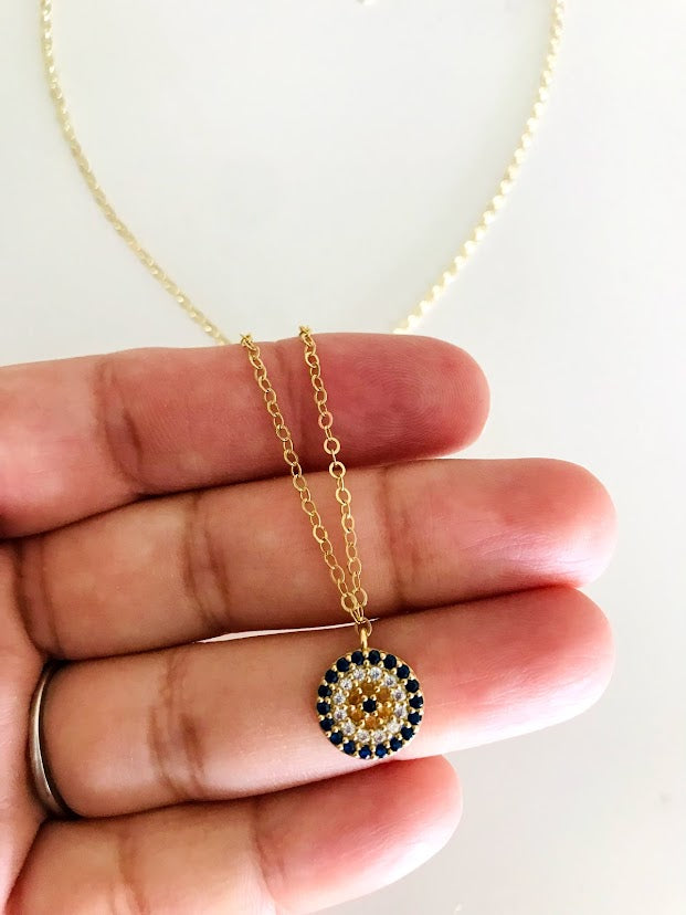 14K Gold Evil Eye Necklace with Dark Blue, Yellow and Clear Zirconia