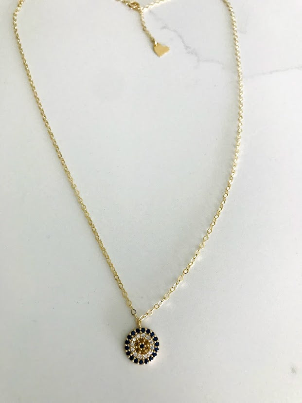 14K Gold Evil Eye Necklace with Dark Blue, Yellow and Clear Zirconia