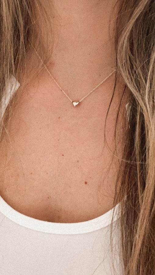 14K Gold Heart Necklace | Puff Heart Necklace | Dainty Heart Gold Necklace | Solid Gold Heart Necklace | 16"+2"