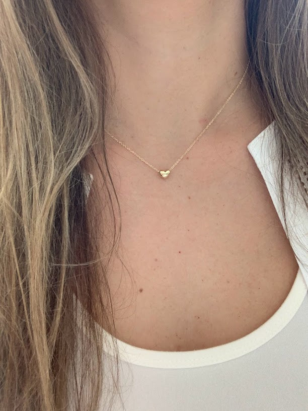 14K Gold Heart Necklace | Puff Heart Necklace | Dainty Heart Gold Necklace | Solid Gold Heart Necklace | 16"+2"