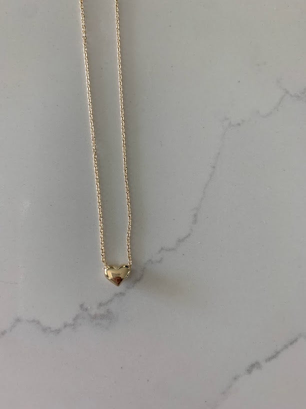 14K Gold Heart Necklace | Puff Heart Necklace | Dainty Heart Gold Necklace | Solid Gold Heart Necklace | 16"+2"