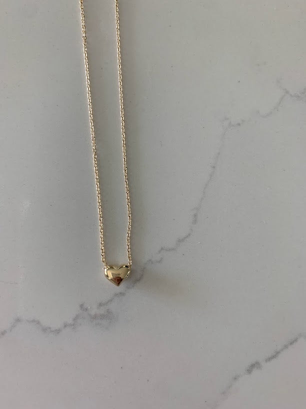 14K Gold Heart Necklace | Puff Heart Necklace | Dainty Heart Gold Necklace | Solid Gold Heart Necklace | 16"+2"