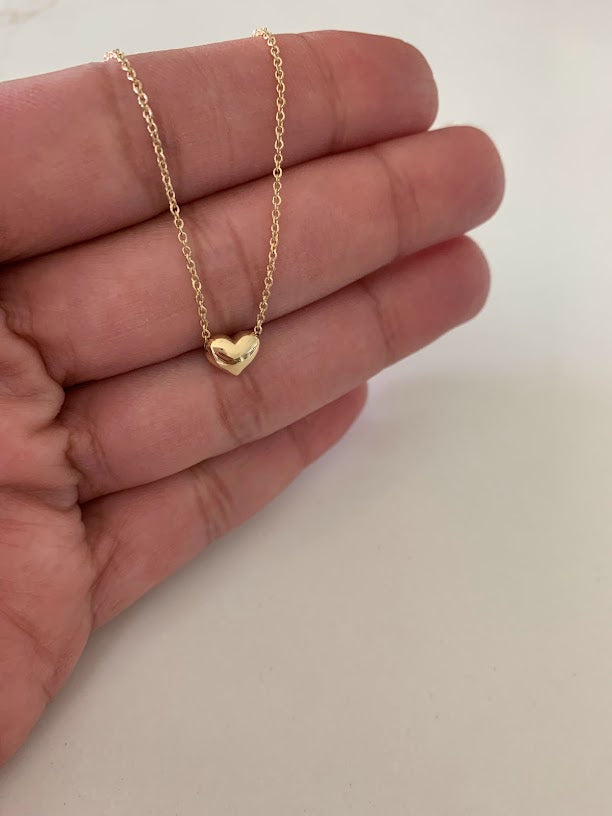 14K Gold Heart Necklace | Puff Heart Necklace | Dainty Heart Gold Necklace | Solid Gold Heart Necklace | 16"+2"