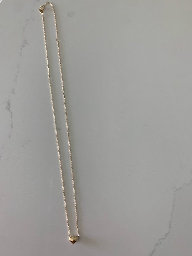 14K Gold Heart Necklace | Puff Heart Necklace | Dainty Heart Gold Necklace | Solid Gold Heart Necklace | 16"+2"
