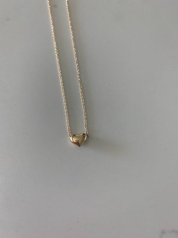 14K Gold Heart Necklace | Puff Heart Necklace | Dainty Heart Gold Necklace | Solid Gold Heart Necklace | 16"+2"
