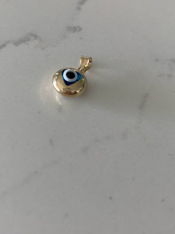 14K Solid Gold Blue Evil Eye Pendant | 9MM Diameter | Evil Eye Charms | Gold Charms | Protection Charms | Heart Shape Evil Eye