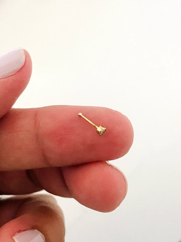 14K Yellow Gold, 2MM Cubic ZC Nose Stud, Yellow Gold Nose Stud, Cubic CZ Round Nose Stud
