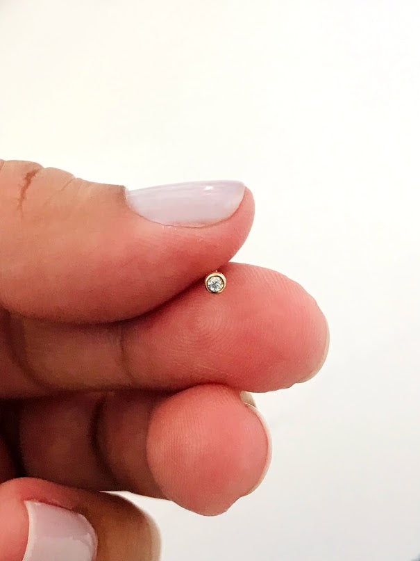 14K Yellow Gold, 2MM Cubic ZC Nose Stud, Yellow Gold Nose Stud, Cubic CZ Round Nose Stud