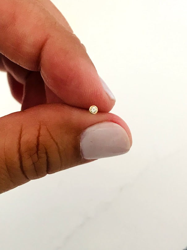 14K Yellow Gold, 2MM Cubic ZC Nose Stud, Yellow Gold Nose Stud, Cubic CZ Round Nose Stud