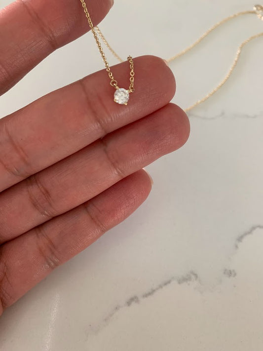 14k Solid Gold 5MM Cubic ZC Solitaire Necklace, Layering Necklace, Solitaire Necklace, 16"-18" Necklace