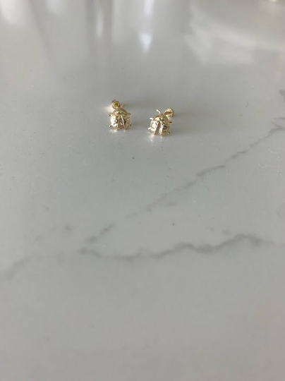 14K Bezel Ladybug Earrings, Dainty Earrings, Women Earrings, Kid Earrings, Solid Gold Ladybugs, Gold Ladybugs, Gold Earrings