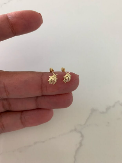 14K Bezel Ladybug Earrings, Dainty Earrings, Women Earrings, Kid Earrings, Solid Gold Ladybugs, Gold Ladybugs, Gold Earrings
