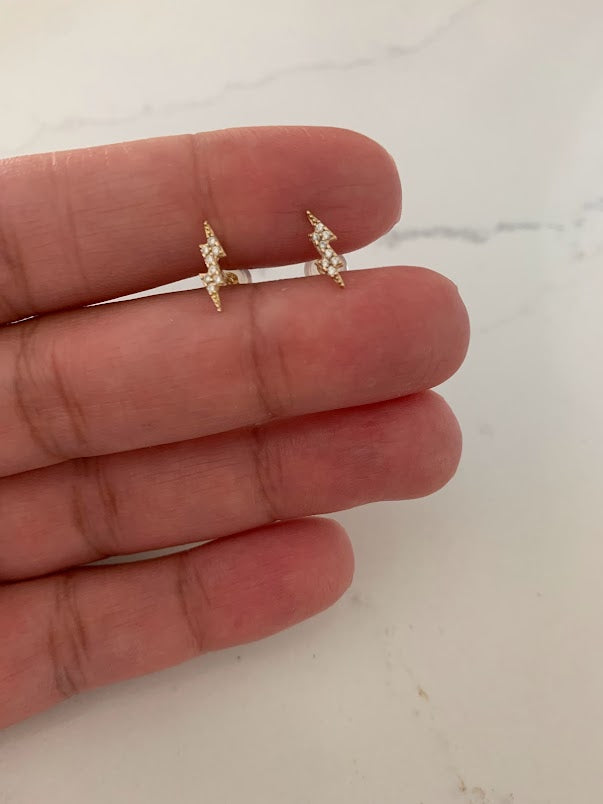 14K Gold Tiny Lightning Bolt Pave Stud Earrings | Minimalist Earrings | Everyday Earrings | Dainty Earrings Lightning Studs