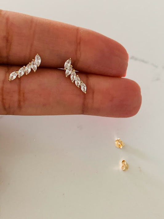 14K Solid Gold Marquise Cubic ZC Earrings, Marquise Studs, Crawler Push Back Studs, Beautiful and Elegant Dainty Earrings