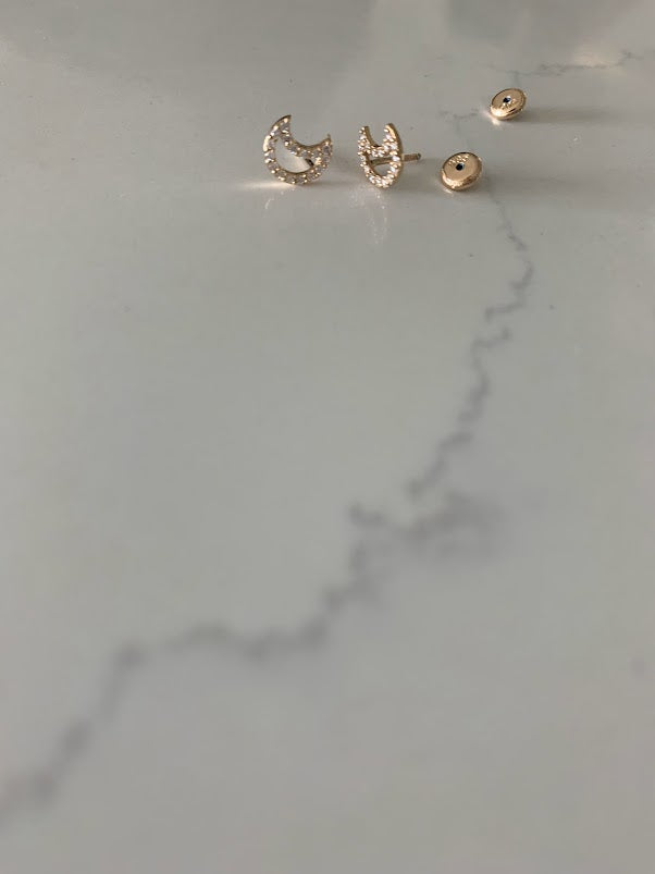 14K Gold Moon Stud Earrings with CZ, Moon Earrings, Moon Gold Studs, Moon Earrings, 14K Gold Earrings, Dainty Moon Studs