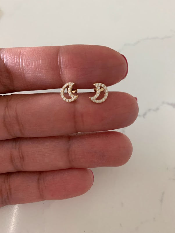 14K Gold Moon Stud Earrings with CZ, Moon Earrings, Moon Gold Studs, Moon Earrings, 14K Gold Earrings, Dainty Moon Studs