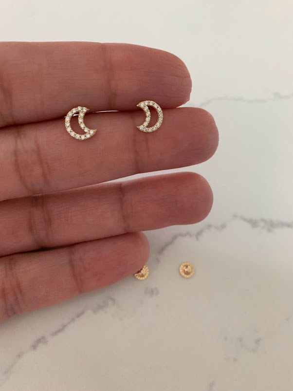 14K Gold Moon Stud Earrings with CZ, Moon Earrings, Moon Gold Studs, Moon Earrings, 14K Gold Earrings, Dainty Moon Studs