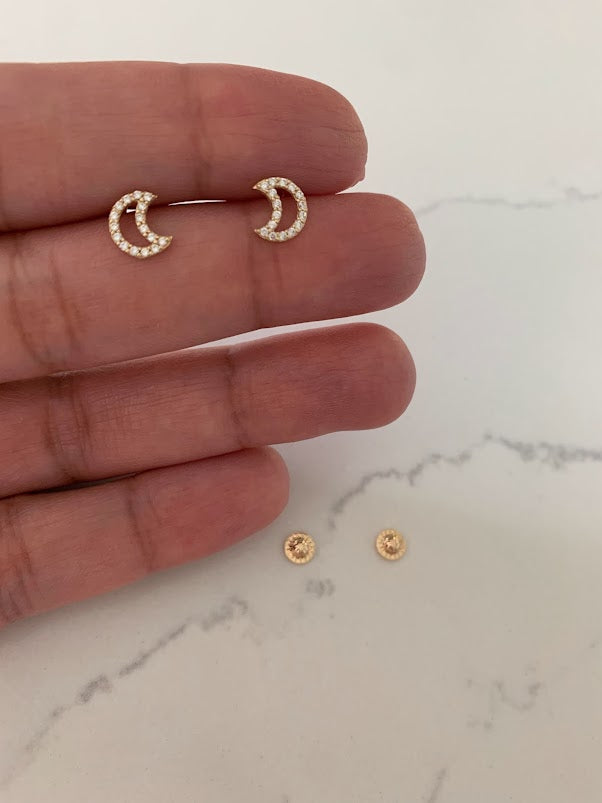 14K Gold Moon Stud Earrings with CZ, Moon Earrings, Moon Gold Studs, Moon Earrings, 14K Gold Earrings, Dainty Moon Studs