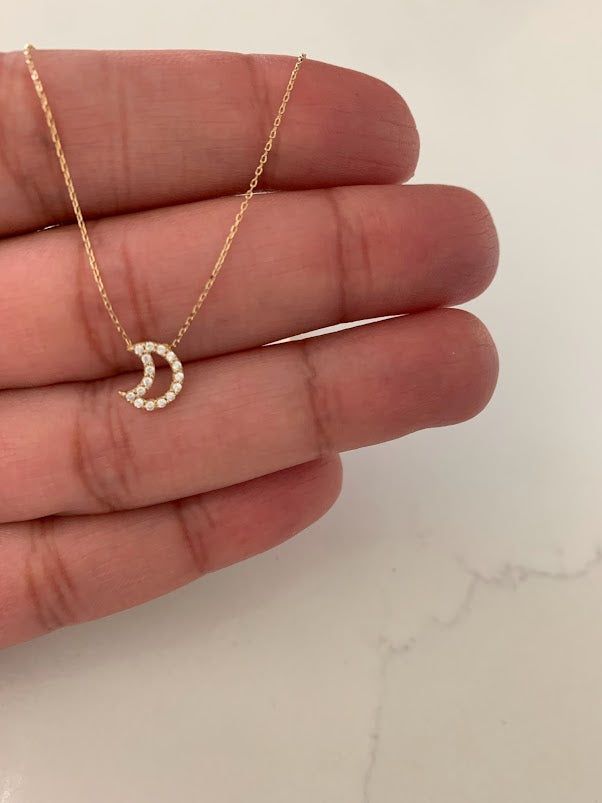 14K Solid Gold Moon Necklace with Cubic ZC | Yellow Gold Moon Necklace | Moon Necklace | 14K Solid Gold Necklace |