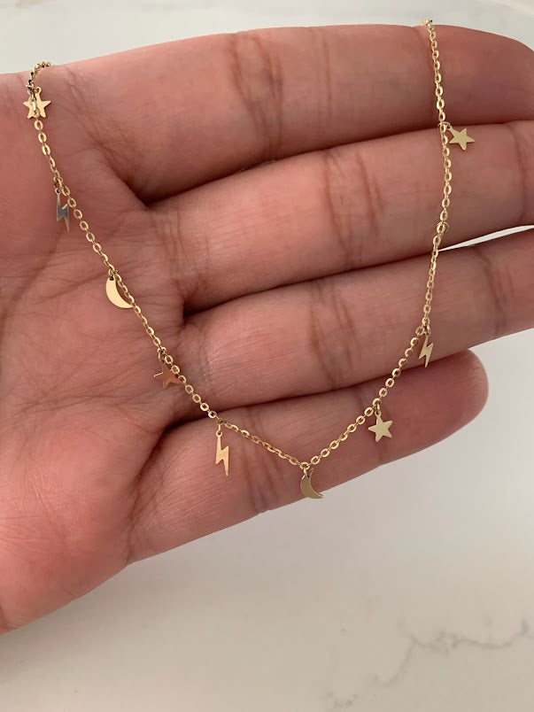 14k Solid Gold Moon, Stars and Lighting Bolt Necklace, Dainty Necklace, Layering Necklace, Stars Necklace, Adjustable Necklace