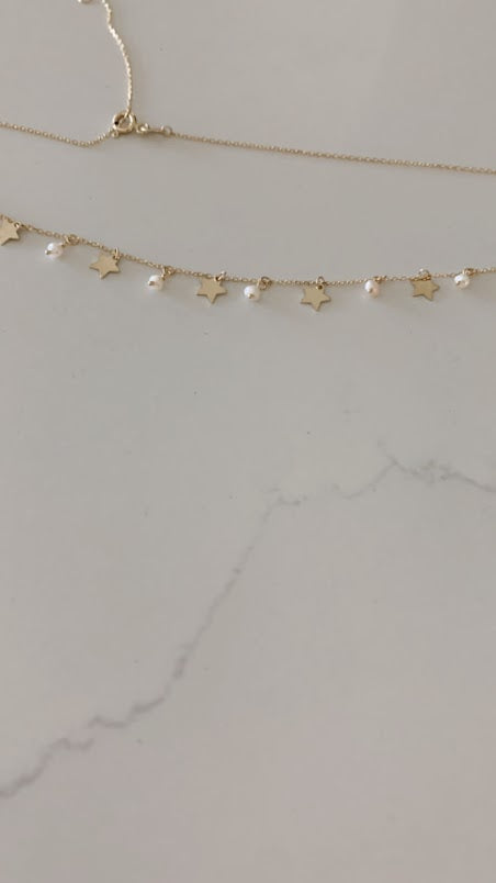 14k Solid Gold Multi Stars and Pearls Necklace, Dainty Necklace, Layering Necklace, Stars Necklace, Adjustable Necklace