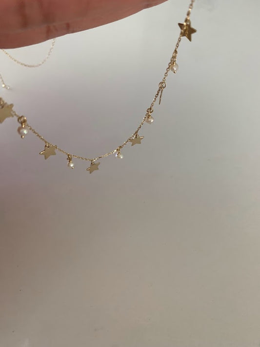 14k Solid Gold Multi Stars and Pearls Necklace, Dainty Necklace, Layering Necklace, Stars Necklace, Adjustable Necklace