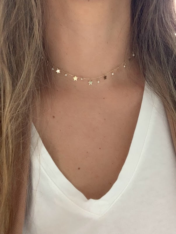 14k Solid Gold Multi Stars and Pearls Necklace, Dainty Necklace, Layering Necklace, Stars Necklace, Adjustable Necklace