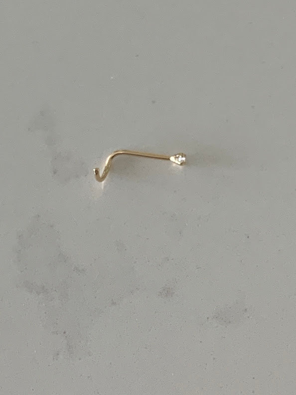 14K Solid Yellow Gold, Curve Bar Nose Stud, Twisted Nose Stud, Gold Nose Stud, Cubic CZ Screw Nose Stud