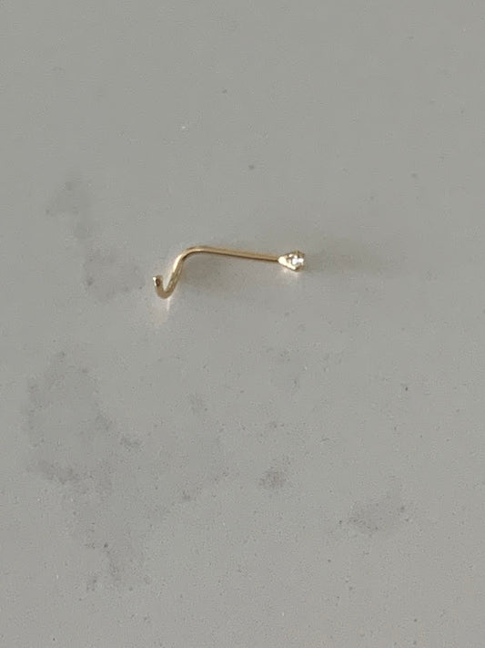 14K Solid Yellow Gold, Curve Bar Nose Stud, Twisted Nose Stud, Gold Nose Stud, Cubic CZ Screw Nose Stud