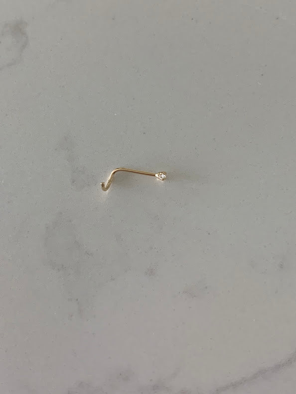 14K Solid Yellow Gold, Curve Bar Nose Stud, Twisted Nose Stud, Gold Nose Stud, Cubic CZ Screw Nose Stud