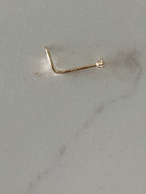 14K Solid Yellow Gold, Curve Bar Nose Stud, Twisted Nose Stud, Gold Nose Stud, Cubic CZ Screw Nose Stud