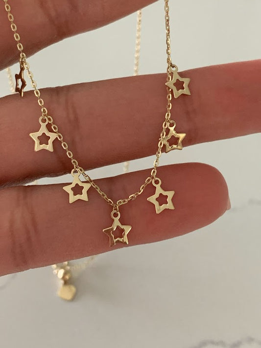 14k Solid Gold Open Stars Necklace, Dainty Necklace, Layering Necklace, Stars Necklace, Adjustable Necklace