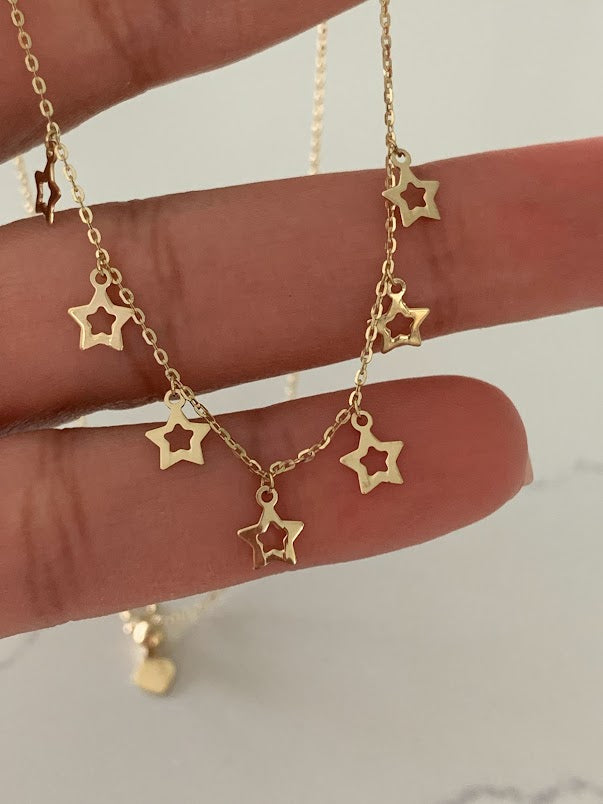 14k Solid Gold Open Stars Necklace, Dainty Necklace, Layering Necklace, Stars Necklace, Adjustable Necklace