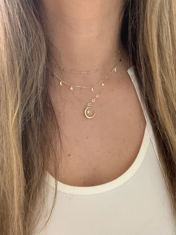 14k Solid Gold Moon with hanging Stars Necklace, Bold Moon 14k Gold, Hollow Moon, Dainty Necklace, Layering Necklace, Stars Necklace