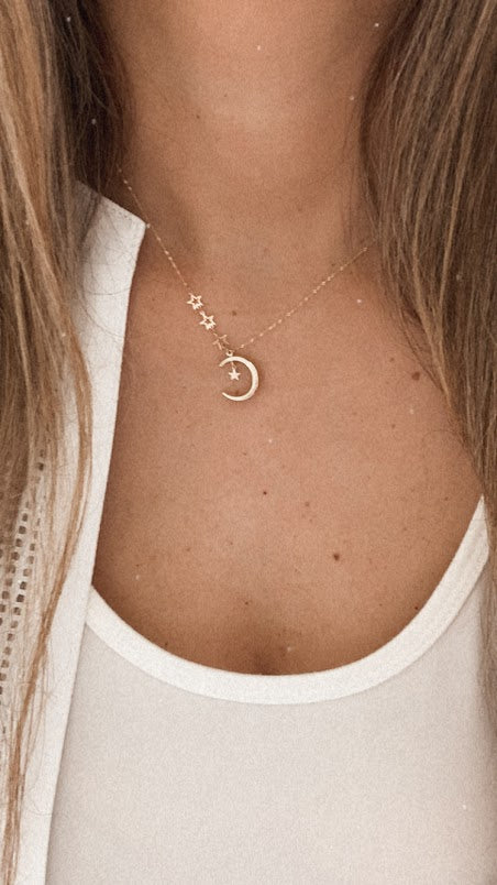 14k Solid Gold Moon with hanging Stars Necklace, Bold Moon 14k Gold, Hollow Moon, Dainty Necklace, Layering Necklace, Stars Necklace
