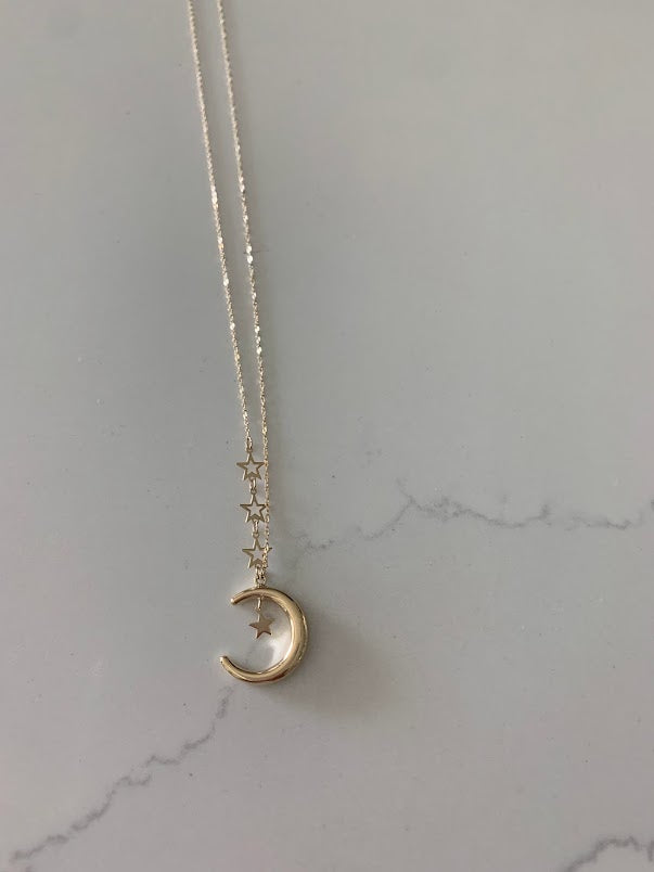 14k Solid Gold Moon with hanging Stars Necklace, Bold Moon 14k Gold, Hollow Moon, Dainty Necklace, Layering Necklace, Stars Necklace