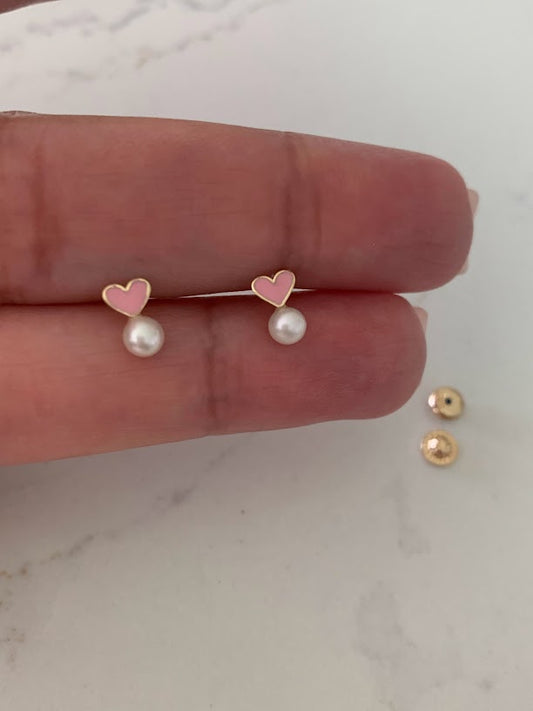 14K Solid Gold Pearl Heart Earrings | Dainty Pink Hearts Fresh Water Pearl Stud Earrings | Pearl Earrings | Pearl Studs | Girl Studs