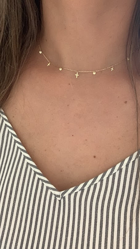 14K Solid Gold Cross and Discs Necklace  | Yellow Gold Cross | Cross | 14K Solid Gold Cross Necklace | 3MM Cross