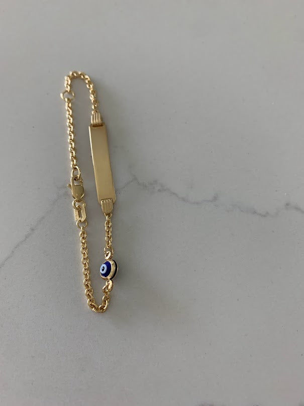 14K Gold ID Bracelet with Blue Evil Eye, Cable Link Bracelet, 25MM by 5MM Plate, 5" - 6" Length, Lobster Clasp, Kids Bracelet