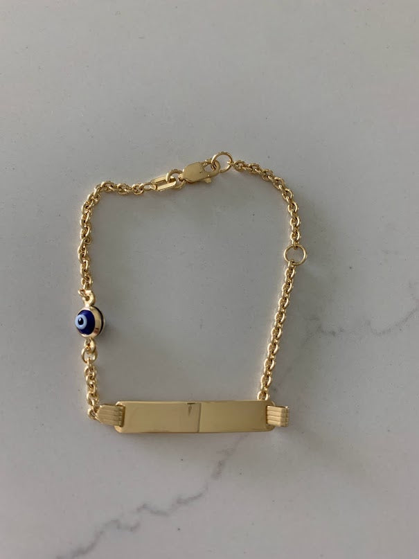 14K Gold ID Bracelet with Blue Evil Eye, Cable Link Bracelet, 25MM by 5MM Plate, 5" - 6" Length, Lobster Clasp, Kids Bracelet